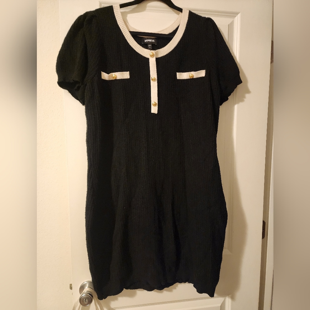 Express Black Dress with White Trim and Gold Buttons
